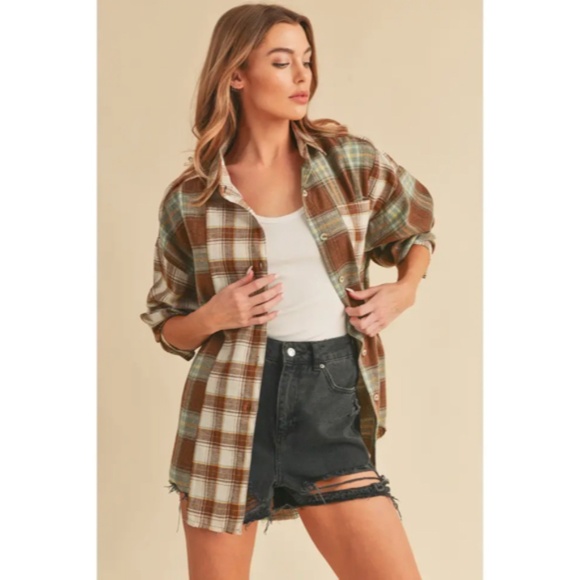 Noelle Brown White Sage Oversized Flannel Button Patchwork Long Sleeve Shirt - Picture 2 of 4